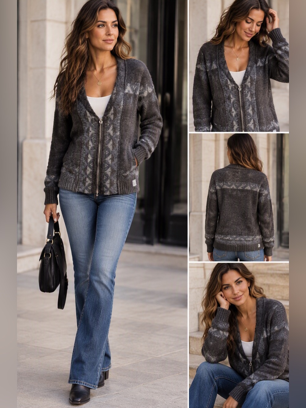 True Religion World Tour Alpaca Wool Blend Zip Cardigan Sweater Gray Sz L Y2K
